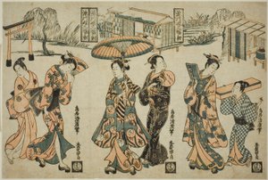 Girls Of Fukagawa - Ah Tri ptych av Torii Kiyohiro