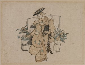 En skjønnhet som bærer to bøtter med blomster, ca. 1696-1716. av Torii Kiyomasu