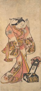Sanjo Kantaro som en kvinne som ordner håret foran et lakkspeil, før 1763. av Torii Kiyomasu II.