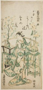 Skuespilleren Onoe Kikugoro I, høyre ark av "Flower Vendor Triptych (Hanauri sanpukutsui)" av Torii Kiyomasu II