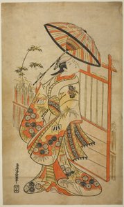 Skuespilleren Sanogawa Mangiku I som Sanada, datteren til spinneren Itoya, i stykket "Hiragana Yomeiri Izu Nikki," fremførte på Nakamura Theatre i den ellevte måneden, 1718 av Torii Kiyomasu II