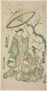 Skuespillerne Sanogawa Ichimatsu I som Soga no Goro og Ikushima Daikichi II som Kewaizaka no Shosho i stykket "Monzukushi Nagoya Soga," fremførte på Ichimura Theatre den første måneden, 1748 av Torii Kiyomasu II