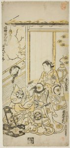 Skuespillerne Tamazawa Saijiro I som Oiso no Tora og Ichimura Uzaemon VIII som Soga no Juro i stykket "Haru wa Akebono Kuruwa Soga", fremført på Ichimura Theatre den første måneden, 1743 av Torii Kiyomasu II