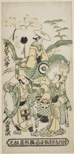 Skuespillerne Tamazawa Saijiro I som Ushiwakamaru, Segawa Kikunojo I som Oroku, og Otani Oniji I som Matano Goro i stykket "Sazareishi Suehiro Genji," fremført på Nakamura Theatre den første måneden, 1744 av Torii Kiyomasu II