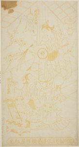 Skuespillerne Tamazawa Saijiro I som pagegutten Umezaburo og Segawa Kikunojo I som Oroku i stykket "Sazareishi Suehiro Genji," fremført på Nakamura Theatre den første måneden, 1744 av Torii Kiyomasu II