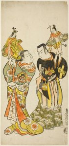 Skuespillerne Yamashita Kinsaku I og Hayakawa Hatsuse som dukkespillere i stykket "Dagbok holdt på en reise til Izu" ("Funadama Izu Nikki"), fremført på Nakamura Theatre den første måneden, 1725 av Torii Kiyomasu II