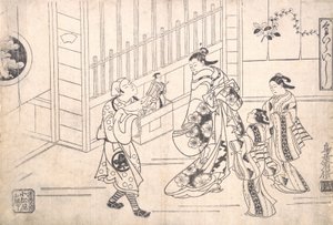 Skuespilleren Ichimura Takenojo VIII i rollen som en dukkefører, viser Puppets to a Cour..., ca. 1715.