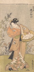 Skuespilleren Onoya Matsusuke, i kvinnelig kappe av O-Kane, justerer kammen i håret hans, 17..., 1735-1785.