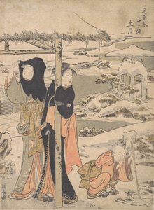 En dag om vinteren, to damer og et barn i en hage. av Torii Kiyonaga