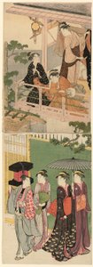En viftehandler som passerer under en balkong av Torii Kiyonaga