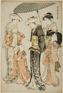 A Girl and Four Servants, fra serien "A Brocade of Eastern Manners (Fuzoku Azuma no nishiki)" av Torii Kiyonaga