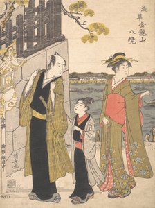 En mann med en gutt og en geisha på besøk i Kinryusan-tempelet, ca. 1787. av Torii Kiyonaga