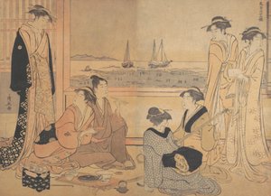 Et parti av glade maker i et tehus på Shinagawa, ca. 1783. av Torii Kiyonaga