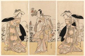 Bando Mitsugoro II som Tennen no Mansaku-kitsune og Ichikawa Monnosuke III som Nikaido Shinanonosuke og Iwai Hanshiro IV som Okura no Kojoro-kitsune i scenen fra dramaet Moto Mishi Yuki Sakae Hachi-no-ki (Nidaime Bando Mitsugoro no Tennen no mansaku- av Torii Kiyonaga