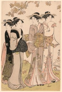 Beauties Under a Maple Tree, fra serien "A Collection of Contemporary Beauties of the Pleasure Quarters (Tosei yuri bijin awase)" av Torii Kiyonaga