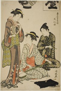 Avkjøling på Nakasu (Nakasu no suzumi), fra serien "A Collection of Contemporary Beauties of the Pleasure Quarters (Tosei yuri bijin awase)" av Torii Kiyonaga