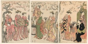 Kurtisaner og deres barnevakter under blomstrende kirsebærtrær av Torii Kiyonaga