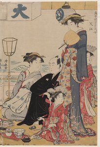 Underholdning på en balkong ved vannet i Nakasu, fra serien, A Collection of Beautiful Modern Women of the Pleasure Quarters av Torii Kiyonaga