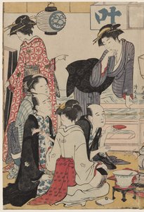 Underholdning på en balkong ved vannet i Nakasu, fra serien, A Collection of Beautiful Modern Women of the Pleasure Quarters av Torii Kiyonaga
