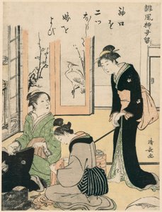 Svigermor som erter bruden, fra serien A Collection of Humorous Poems, ca. 1785 (farget treblokktrykk; chuban) av Torii Kiyonaga