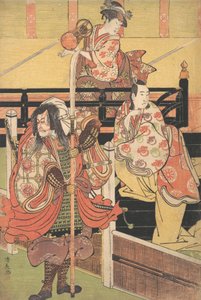 På en balkong sitter en kvinne og spiller en Tsuzumi, under en mann i Daimyo-kostyme er Sea..., ca. 1790. av Torii Kiyonaga