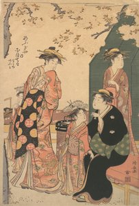 Portrett av kurtisanen Nioteru fra Ogiya, med hennes to ledsagere Namiji og Ao-..., ca. 1785. av Torii Kiyonaga