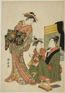 Skuespilleren Nakamura Riko med en kurtisane, fra en serie uten tittel med aiban-trykk som skildrer skuespillere i privatlivet av Torii Kiyonaga