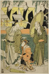 Skuespillerne Bando Matakuro IV som Chubei, Osagawa Tsuneyo II som Umegawa, og Nakamura Katsugoro som Magoemon i stykket "Keisei Koibikyaku" av Torii Kiyonaga
