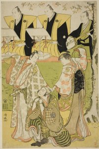 Skuespillerne Ichikawa Monnosuke II som Munesada, Segawa Kikunojo III som kurtisanen Sumizome, og Nakamura Nakazo I som Sekibei, i stykket "Tsumoru Koi Yuki no Seki no To," fremført på Kiri Theatre i den ellevte måneden, 1784 av Torii Kiyonaga