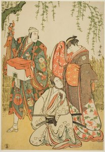 Skuespillerne Ichikawa Yaozo III som Shiragiku, Ichikawa Danjuro V som dukkefører Dekurokubei, og Sawamura Sojuro III som Soga no Juro, i joruri "Shinobukoi Yanagi no Katsura Otoko," opptrådte på Nakamura Theatre den første måneden, 1785 av Torii Kiyonaga