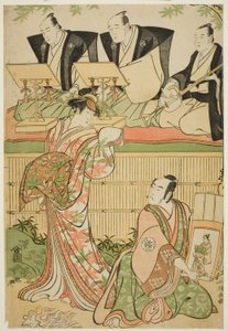 Skuespillerne Matsumoto Koshiro IV som Ukita Sakingo og Sawamura Sojuro III som spøkelset til kurtisanen Takao, i stykket "Ominaeshi Sugata no Hatsuaki," fremført på Nakamura Theatre, 1788 av Torii Kiyonaga