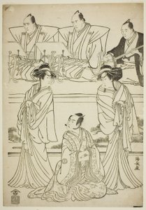 Skuespillerne Segawa Kikunojo III som spøkelset til Yatsuhashi, Sawamura Sojuro III som Soga no Juro, og Ichikawa Danjuro V som spøkelset til Seigen, i stykket "Sono Omokage Matsu ni Sakura," fremført på Nakamura Theatre den første måneden, 1783 av Torii Kiyonaga