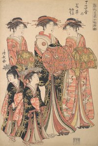 Kurtisanen Wakakusa fra Chojiya-bordellet, og ledsagerne Asano og Midori, fra t..., ca. 1783. av Torii Kiyonaga