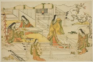 Nyårets første kalligrafi (Kissho hajime), fra den illustrerte boken "Colors of the Triple Dawn (Saishiki mitsu no asa)" av Torii Kiyonaga