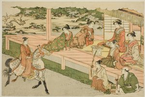 Nyårets første ridetur (Uma norizome), fra den illustrerte boken "Colors of the Triple Dawn (Saishiki mitsu no asa)" av Torii Kiyonaga