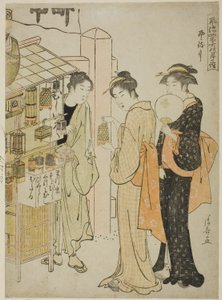 Den sjette måneden (Kazemachizuki), fra serien "Fashionable Monthly Visits to Sacred Places in the Four Seasons (Furyu shiki no tsuki mode)" av Torii Kiyonaga