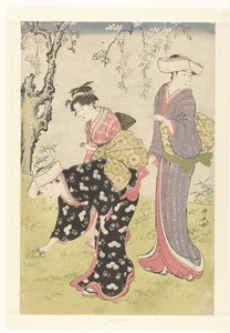 To kvinner og en jente under et blomstrende kirsebærtre Brokader med skikker og skikker i øst (serietittel) Fuzoku Azuma no Nishiki (serietittel) av Torii Kiyonaga