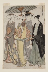 Two Daughters of a Bannerman med en tjenende kvinne og en ung mann (farget treblokktrykk) av Torii Kiyonaga