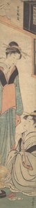 To jenter som snakker i nærheten av Hibachi Fire-Pot, ca. 1785. av Torii Kiyonaga