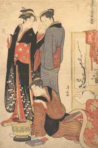 To kvinner som står og holder et barn, ca. 1785. av Torii Kiyonaga
