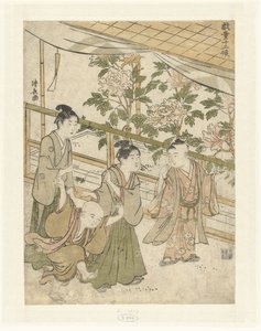 Fire gutter leker ved en seng av peoner Barn som leker i de tolv sesongene (serietittel) Gido juniko (serietittel på objekt) av Torii Kiyonaga
