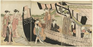 Kvinner kommer i land fra en fritidsbåt på Sumida-elven av Torii Kiyonaga