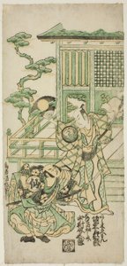 Skuespillerne Bando Hikosaburo I som Araki Shozaemon og Nakamura Sukegoro I som Daidoji Tahatanosuke i stykket "Chigozakura Futabajikki", fremført på Ichimura Theatre i tiende måned, 1746