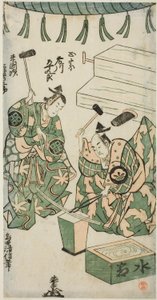 Skuespillerne Fujikawa Heikuro som Masamune og Matsushima Kichisaburo som Rai Kunitsugu i stykket "Shin Usuyuki Monogatari," fremført på Nakamura Theatre i den sjette måneden, 1746 av Torii Kiyonobu II
