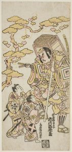 Skuespillerne Ichikawa Ebizo II som Musashibo Benkei, Sakata Shintaro (?) som Soga no Goro, og Takigawa Kinya (?) som Soga no Juro i stykket "Sazareishi Suehiro Genji," fremført på Nakamura Theatre den første måneden, 1744 av Torii Kiyonobu II