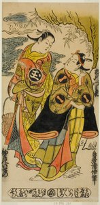 Skuespillerne Ichikawa Monnosuke I som Minamoto no Yoshiie og Sodesaki Iseno I som Onoe no Mae i stykket "Kaomise Junidan", fremført på Nakamura Theatre i den ellevte måneden, 1726 (?) av Torii Kiyonobu II