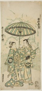 Skuespillerne Ichimura Kamezo I som Kanto Koroku og Arashi Tominosuke I som Hayasaki i stykket "Hokazo Yunzei Hachinoki," fremførte på Ichimura Theatre i den ellevte måneden, 1748