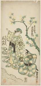Skuespillerne Ichimura Uzaemon VIII som Taira no Koremochi og Arashi Koroku som Makomo no Mae i stykket "Shusse Momijigari," fremførte på Ichimura Theatre i den ellevte måneden, 1747 av Torii Kiyonobu II