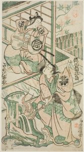 Skuespillerne Sanogawa Ichimatsu I som Ike no Shoji og Segawa Kikujiro I som Hitachi Kohagi i stykket "Mangetsu Oguri Yakata," fremførte på Ichimura Theatre i den åttende måneden, 1747