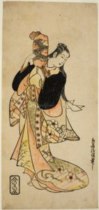 Skuespilleren Ichikawa Monnosuke I som Oiso no Tora i stykket "Nigiwai Suehiro Soga," fremførte på Morita Theatre den første måneden, 1721 (?) av Torii Kiyonobu I